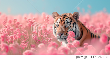 トラと花畑　AI生成画像 117176995