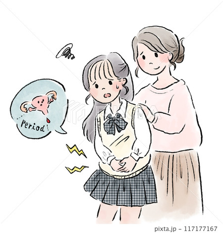 生理痛で悩む女子高生となだめる母親 117177167