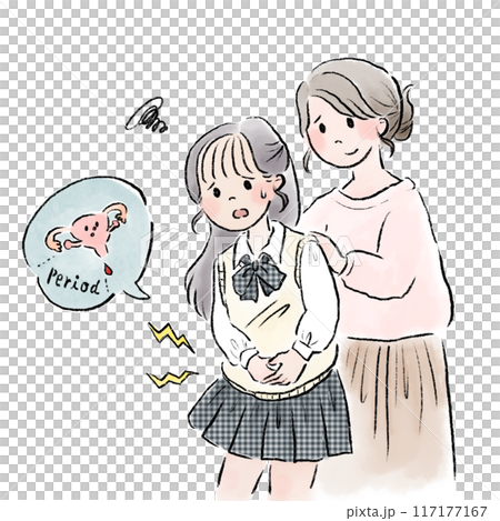 生理痛で悩む女子高生となだめる母親 117177167