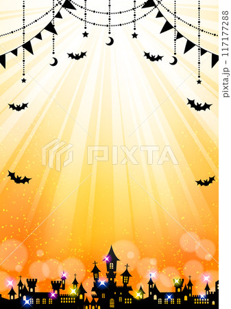 ハロウィン、キラキラ、シルエット、オレンジ色、集中線、かわいい、イラスト、背景、フレーム、縦 117177288
