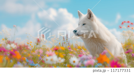 オオカミと花畑　AI生成画像 117177331