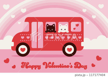ハートのバスに乗った猫のバレンタインデー向け背景イラスト 117177404