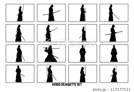 Kendo Silhouette Set - Traditional Japanese Martial Arts Illustration and Clipart 117177511
