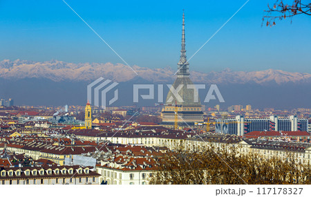 Panoramic view of Turin city with apartment buildings 117178327