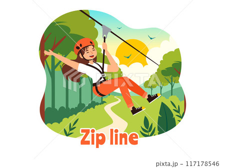 Zip Line Vector Illustration with Visitors Walking on an Obstacle Course and Outdoor Rope Adventure Park in a Forest on Flat Kids Cartoon Background Zip Line Vector Illustration with Visitors Walking on an Obstacle Course and Outdoor Rope Adventure Park in a Forest on Flat Kids Cartoon Background 117178546