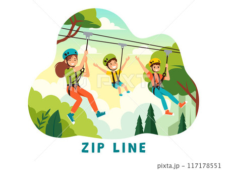Zip Line Vector Illustration with Visitors Walking on an Obstacle Course and Outdoor Rope Adventure Park in a Forest on Flat Kids Cartoon Background Zip Line Vector Illustration with Visitors Walking on an Obstacle Course and Outdoor Rope Adventure Park in a Forest on Flat Kids Cartoon Background 117178551