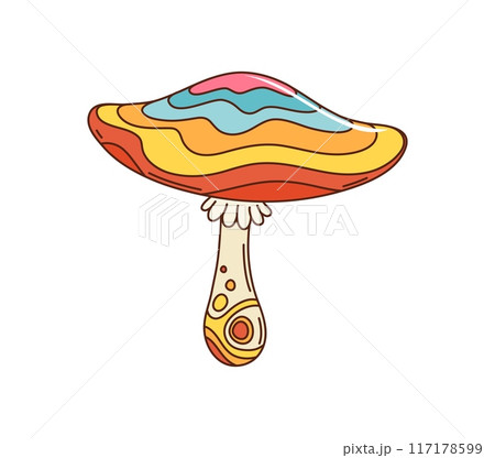Cartoon retro hippie groovy psychedelic mushroom in 70s or 80s art, vector symbol. Groovy toadstool mushroom with psychedelic rainbow or hallucination flow in retro cartoon for hippie and rave sticker 117178599