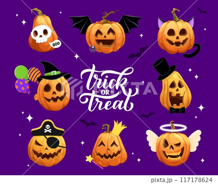 Cartoon scary halloween pumpkin characters. Halloween holiday pumpkin carving, isolated vector scary Jack o lanterns. Spooky carvings with pirate and witch hat, skull mask, cat ears, bat wings 117178624