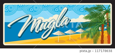 Mugla Turkish municipality or province, il or territory in Turkiye. Vector travel plate, vintage tin sign, retro postcard design. Holiday resorts for travels, beach and palms vacation Mugla Turkish municipality or province, il or territory in Turkiye. Vector travel plate, vintage tin sign, retro postcard design. Holiday resorts for travels, beach and palms vacation 117178638
