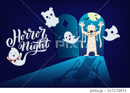 Halloween banner with kawaii ghosts and mummy characters in opened door. Halloween horror night holiday monsters vector personages, cute ghosts, phantoms and mummy with scary bandage, moon and bats Halloween banner with kawaii ghosts and mummy characters in opened door. Halloween horror night holiday monsters vector personages, cute ghosts, phantoms and mummy with scary bandage, moon and bats 117178651