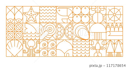 Seafood line modern geometric pattern of vector sea food fish and animals. Abstract geometric background with outline orange oyster, shrimp, octopus and squid, salmon, crab and lobster square tiles Seafood line modern geometric pattern of vector sea food fish and animals. Abstract geometric background with outline orange oyster, shrimp, octopus and squid, salmon, crab and lobster square tiles 117178654