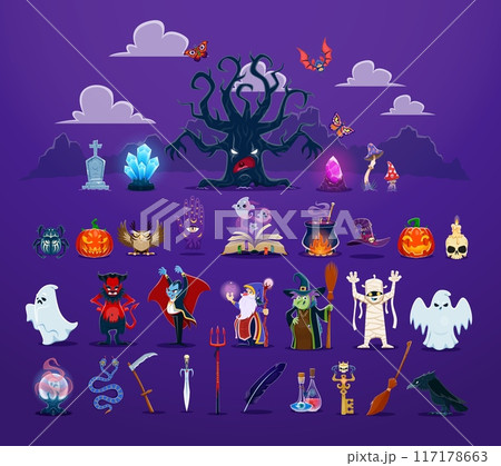 Cartoon Halloween characters and items isolated vector set. Witch, creepy tree, devil, vampire and wizard. Funny mummy, cute ghosts, crow, bats and butterflies. Spell book, cauldron, sword and crystal Cartoon Halloween characters and items isolated vector set. Witch, creepy tree, devil, vampire and wizard. Funny mummy, cute ghosts, crow, bats and butterflies. Spell book, cauldron, sword and crystal 117178663