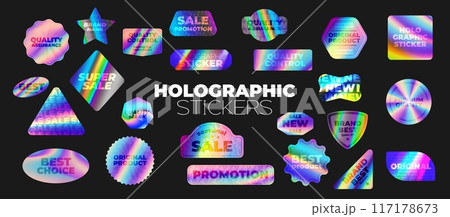 Hologram stickers, labels, stamps and tags with neon color gradient. Vector silver metal holographic sale or quality badges. Square, circle, star, rhombus, triangle shaped iridescent rainbow holograms 117178673