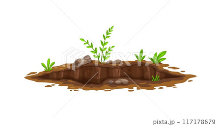 Ground hole, deep dirty pit and burrow in soil or mud surface. Isolated cartoon vector land excavation or cavity, muddy crevice. Environmental natural gap on the lawn, meadow, farm, forest or garden 117178679