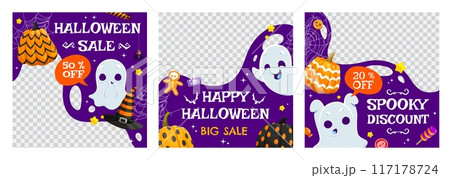 Halloween sale banner templates with cute kawaii ghosts and colorful pumpkins, vector backgrounds. Halloween holiday discount stickers for shop window with monster candy sweets and boo ghost character 117178724