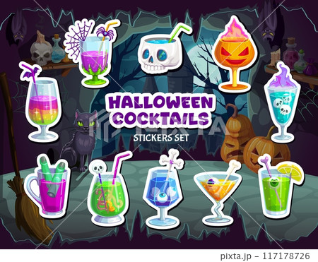 Halloween cocktails stickers pack. Cartoon vibrant patches set featuring drinks adorned with eerie skulls, eyeballs, spiders, and flames at spooky background with black cat, pumpkins and haunted house Halloween cocktails stickers pack. Cartoon vibrant patches set featuring drinks adorned with eerie skulls, eyeballs, spiders, and flames at spooky background with black cat, pumpkins and haunted house 117178726