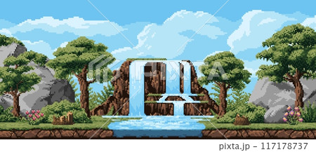 8 bit pixel landscape with mountains and waterfall cascade arcade game level vector background. Pixel art forest trees, sky and green grass, mountain river, flowers nature landscape, video game scene 8 bit pixel landscape with mountains and waterfall cascade arcade game level vector background. Pixel art forest trees, sky and green grass, mountain river, flowers nature landscape, video game scene 117178737
