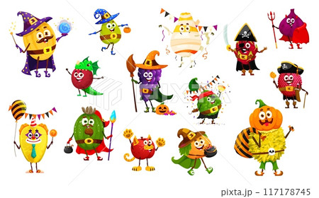 Cartoon funny Halloween fruit characters in holiday costumes, vector spooky horror monsters. Grape witch with fig devil and melon magician wizard or papaya mummy and lychee pirate for Halloween 117178745