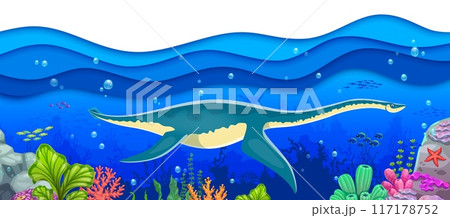 Cartoon underwater plesiosaur dinosaur character. Vector paper cut scene with sea prehistoric creature swimming under the ocean 3d waves surrounded with colorful corals, fish schools and seaweeds 117178752