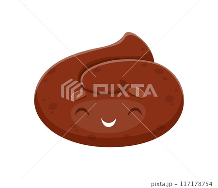 Cartoon poop emoji with shy face expression, funny cute poo character, vector emoticon. Toilet shit or excrement emoji with timid smile of stinky smell for comic poop emoji and chat sticker 117178754