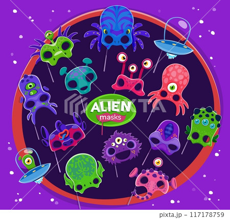 UFO alien photo booth and carnival masks or props, vector kids space birthday party. Cartoon funny monster faces, cute little extraterrestrial astronaut heads and alien UFO ships photo booth masks set UFO alien photo booth and carnival masks or props, vector kids space birthday party. Cartoon funny monster faces, cute little extraterrestrial astronaut heads and alien UFO ships photo booth masks set 117178759
