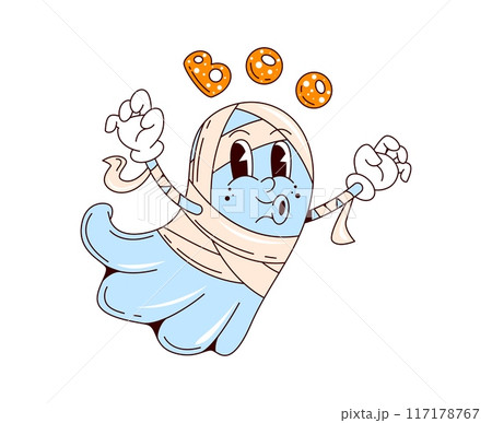 Cartoon retro groovy Halloween ghost character making boo, vector funny monster. Halloween holiday horror night cartoon groovy ghost in mummy costume and funky face with boo scare gesture Cartoon retro groovy Halloween ghost character making boo, vector funny monster. Halloween holiday horror night cartoon groovy ghost in mummy costume and funky face with boo scare gesture 117178767
