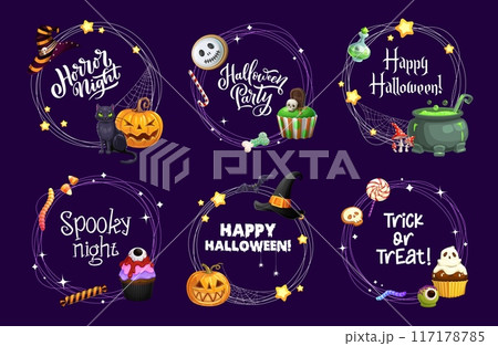 Halloween holiday frames with sweets, witch hat and pumpkins, vector cartoon borders. Halloween spooky horror night frames with candy skull, eye lollipop and ghost cupcake with potion cauldron 117178785