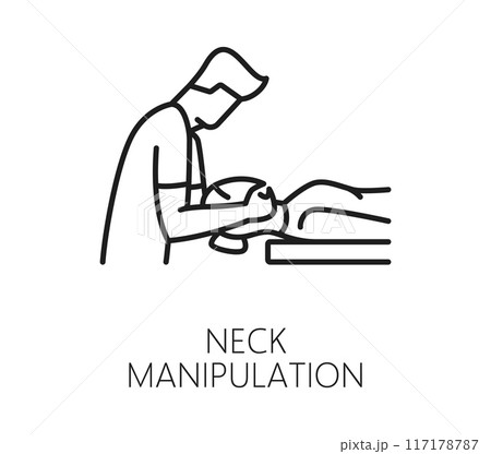 Chiropractic medicine icon of neck manipulation for chiropractor therapy, vector line pictogram. Chiropractic medical treatment and body orthopedic physiotherapy icon of neck massage or stretching Chiropractic medicine icon of neck manipulation for chiropractor therapy, vector line pictogram. Chiropractic medical treatment and body orthopedic physiotherapy icon of neck massage or stretching 117178787