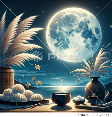 日本の伝統である月見という静かで文化的な行事を描いています。 日本の伝統である月見という静かで文化的な行事を描いています。 117178834