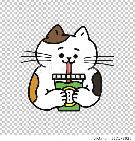 Smiling cat drinking a drink 117178929