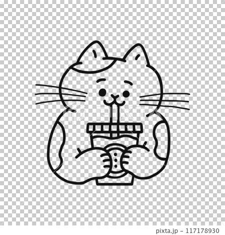 Smiling cat drinking a drink - Line drawing Smiling cat drinking a drink - Line drawing 117178930