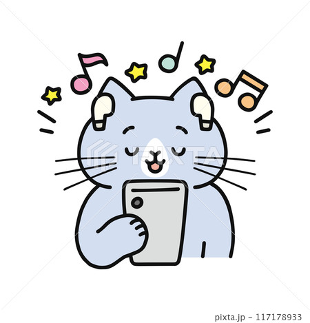 ワイヤレスイヤホンで音楽を聴く猫 117178933