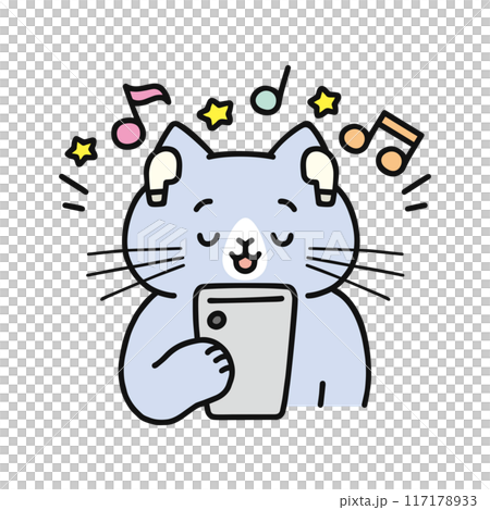 ワイヤレスイヤホンで音楽を聴く猫 117178933