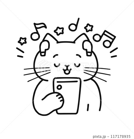 ワイヤレスイヤホンで音楽を聴く猫・線画 117178935