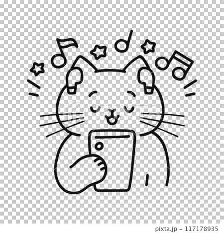 ワイヤレスイヤホンで音楽を聴く猫・線画 117178935