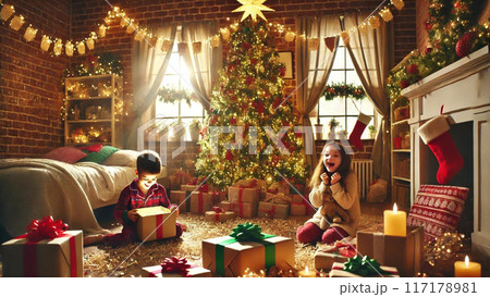 クリスマスのプレゼントを開ける子供たち 117178981