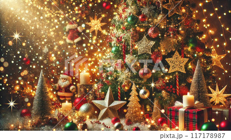 キラキラの電飾のあるクリスマスツリー 117178987