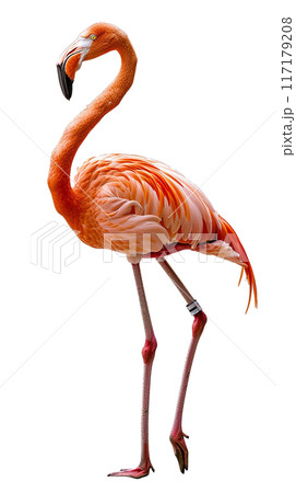 An adorable flamingo in orange and white shades. A pink flamingo gracefully balances on its hind legs. showcasing its elegant feathers and unique stance. 117179208