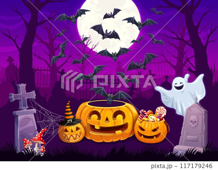 Halloween cemetery landscape with flock of bats and holiday scary pumpkins. Vector graveyard with jack-o-lanterns, ghost and sweets, between old tombstones with amanita mushrooms beneath a moonlit sky Halloween cemetery landscape with flock of bats and holiday scary pumpkins. Vector graveyard with jack-o-lanterns, ghost and sweets, between old tombstones with amanita mushrooms beneath a moonlit sky 117179246