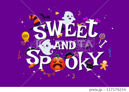 Sweet and Spooky Halloween banner with cute kawaii ghost characters and holiday candies, vector background. Halloween horror night and trick or treat cartoon spooky boo ghosts with pumpkin in cobweb 117179254
