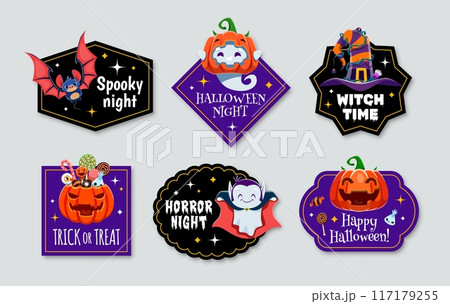 Halloween stickers feature spooky and fun jack-o-lanterns, witch hat, cute ghosts, and bat. Vector patches set with cartoon characters, perfect for decorating costumes, pumpkins, or party invitations 117179255
