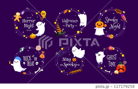 Halloween frames with kawaii ghosts, holiday sweets and candies. Halloween celebration party invitation card vector frames with ghosts kawaii characters, pumpkin lantern and candy treats, witch hat Halloween frames with kawaii ghosts, holiday sweets and candies. Halloween celebration party invitation card vector frames with ghosts kawaii characters, pumpkin lantern and candy treats, witch hat 117179258