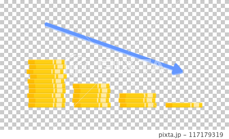 堆疊硬幣和箭頭向右下方減少的圖表 - 貨幣減少、貶值和省錢的圖像 117179319