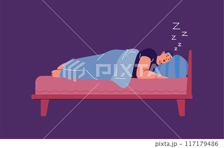 Young man lying in the bed and snores loudly with open mouth, releases zzz, vector male character with snore problem Young man lying in the bed and snores loudly with open mouth, releases zzz, vector male character with snore problem 117179486