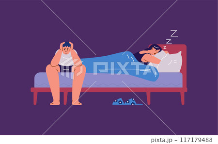 Vector scene of disturbed sleep on the theme of snoring. Side view. 117179488