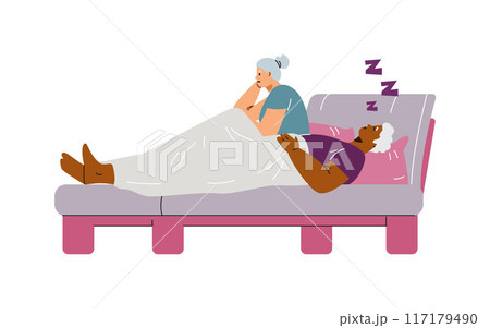 Elderly multinational couple in bed at night, snoring, insomnia, vector woman suffering because of snoring husband Elderly multinational couple in bed at night, snoring, insomnia, vector woman suffering because of snoring husband 117179490
