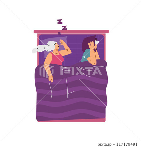 Vector illustration woman snoring loudly and a man awake in bed on a white backgroun 117179491