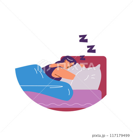 Vector illustration of a woman sleeping and snoring in her sleep. Vector illustration of a woman sleeping and snoring in her sleep. 117179499