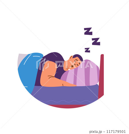 Snoring man in bed, vector image in flat style. Isolated background. 117179501