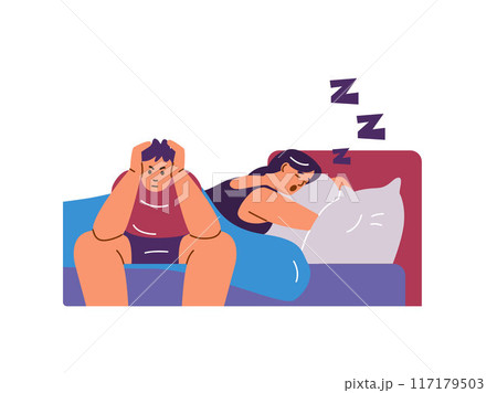 Illustration of a vector concept with a snoring woman and an irritated man in bed 117179503